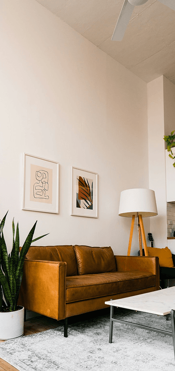 Modern living room with tan sofa